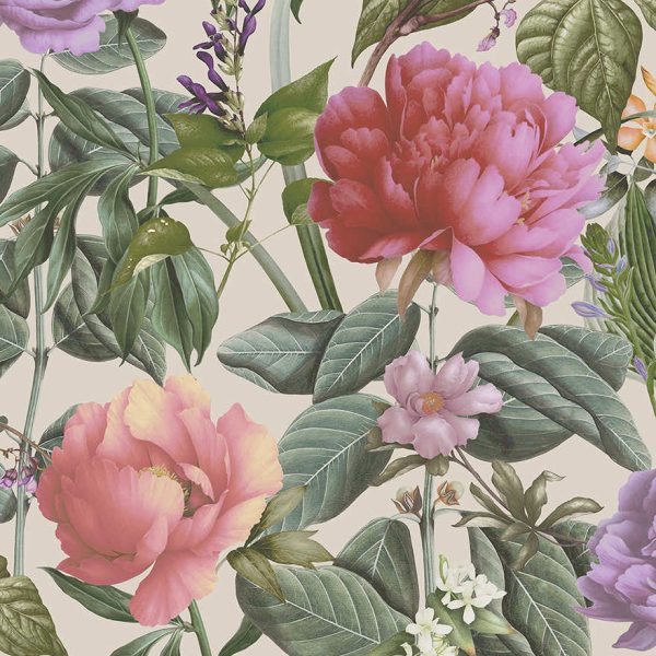 Cream botanicus blossoms wallpaper with oversized peony and lisianthus blooms — flat pattern detail