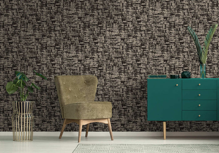 Brindle Flock wallpaper in black on a feature wall with a weathered metallic weave