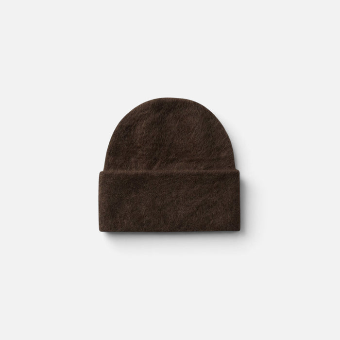 Shop Rescue Spa dark brown brushed cashmere beanie with a soft knit texture and folded cuff