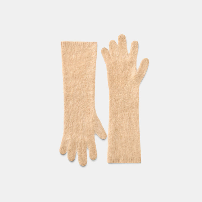 Shop Rescue Spa brushed knit gloves in soft beige 100% cashmere with a long cuff design.