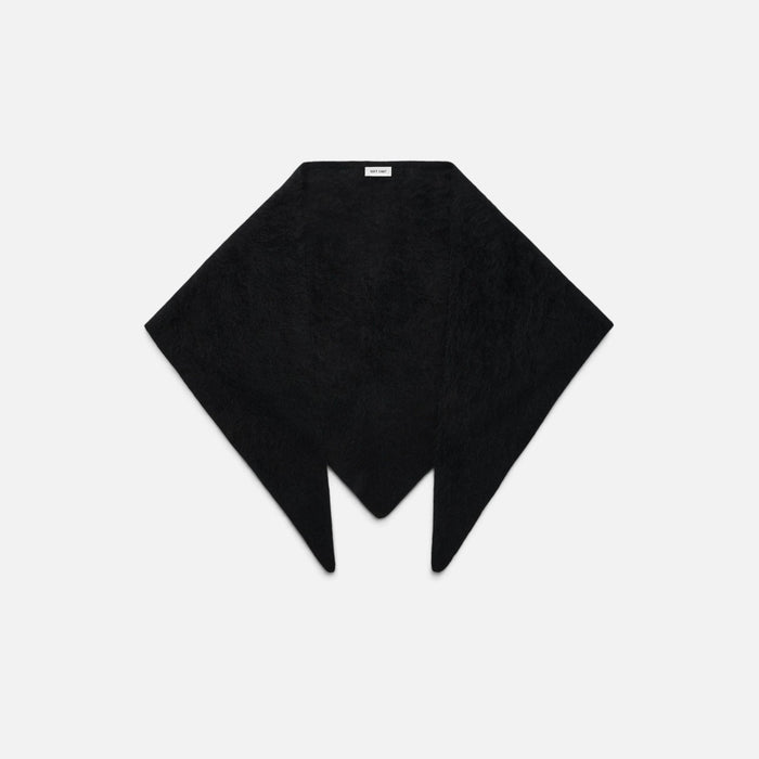 Shop Rescue Spa black brushed cashmere scarf with a soft knit texture and pointed triangular shape.