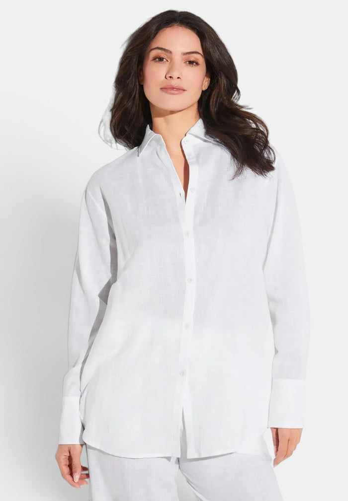Front view of Zimmerli Button Front Shirt Long Sleeve in white worn on model, showing full fit, button-front detail, and relaxed silhouette.