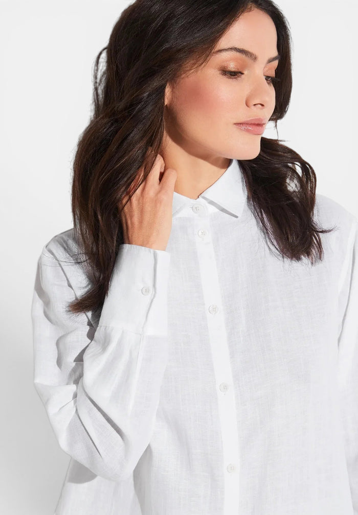 Front view of Zimmerli Button Front Shirt Long Sleeve in white worn on model, fully buttoned to the top, showing structured collar and tailored fit.