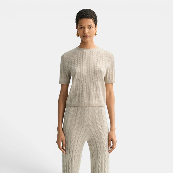Shop Rescue Spa fitted short sleeve cable knit top in 100% cashmere, light beige.