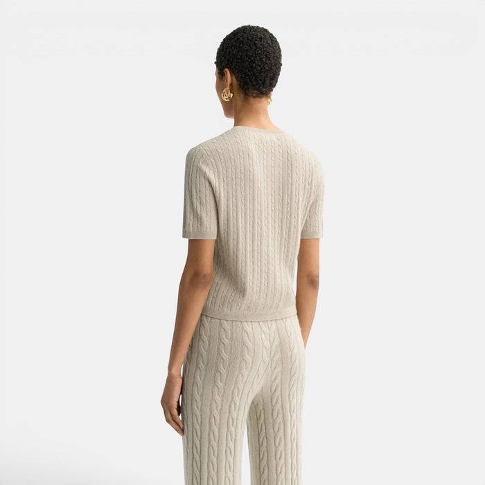 Shop Rescue Spa beige 100% cashmere fitted cable knit short sleeve top