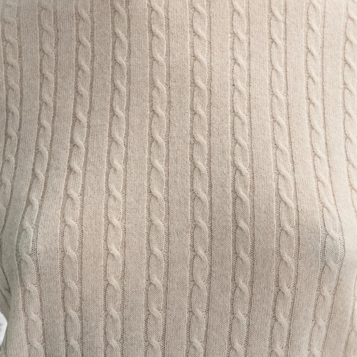 Shop Rescue Spa fitted beige 100% cashmere cable knit short sleeve top.
