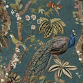Aqua cassia peacock wallpaper with a peacock among blossoming branches and songbirds — flat pattern detail