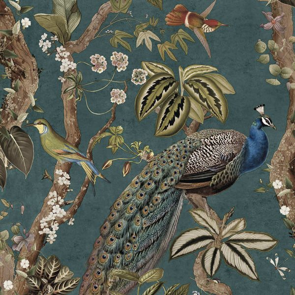 Aqua cassia peacock wallpaper with a peacock among blossoming branches and songbirds — flat pattern detail