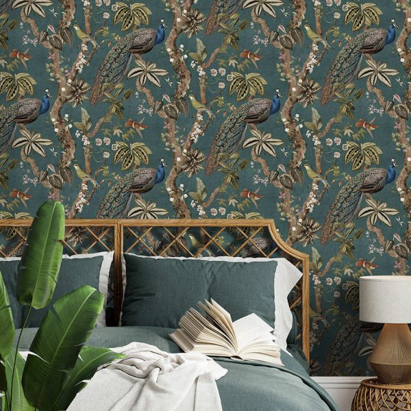 Cassia Exotic Peacock wallpaper in aqua on a feature wall