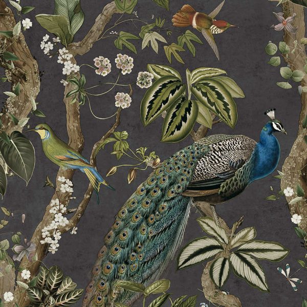 Charcoal cassia peacock wallpaper with a peacock among blossoming branches and songbirds — flat pattern detail