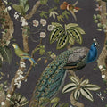 Charcoal cassia peacock wallpaper with a peacock among blossoming branches and songbirds — flat pattern detail