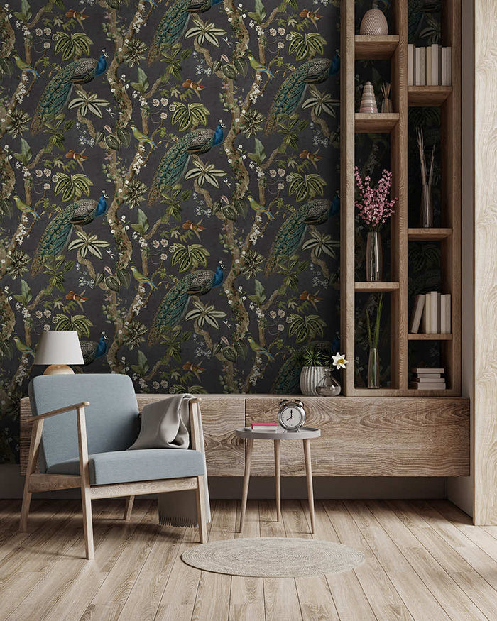 Cassia Exotic Peacock wallpaper in charcoal on a feature wall