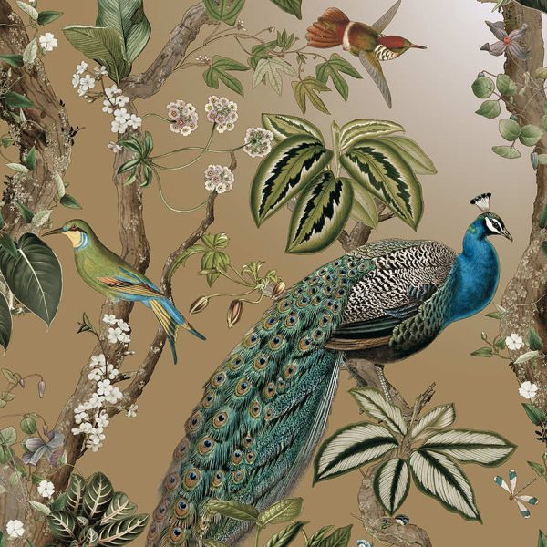 Gold cassia peacock wallpaper with a peacock among blossoming branches and songbirds — flat pattern detail