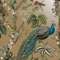 Gold cassia peacock wallpaper with a peacock among blossoming branches and songbirds — flat pattern detail