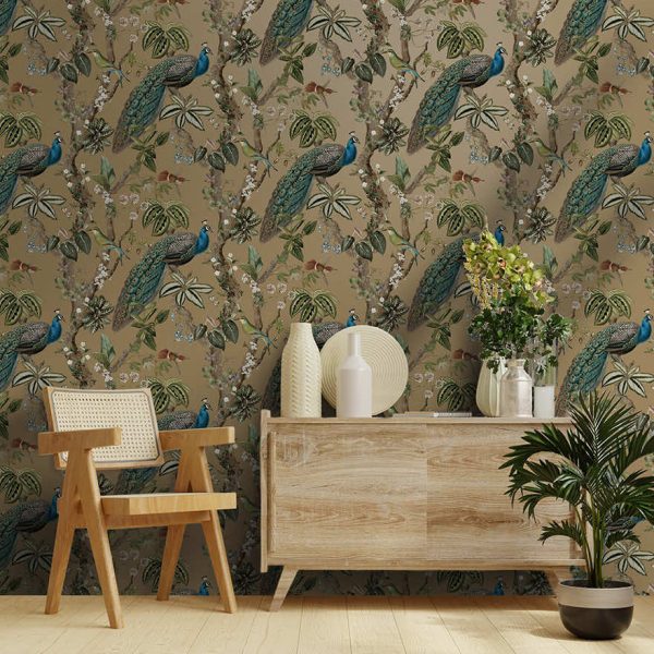 Cassia Exotic Peacock wallpaper in gold on a feature wall