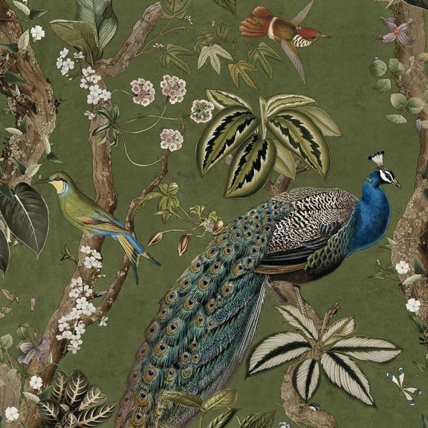 Green cassia peacock wallpaper with a peacock among blossoming branches and songbirds — flat pattern detail