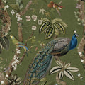Green cassia peacock wallpaper with a peacock among blossoming branches and songbirds — flat pattern detail