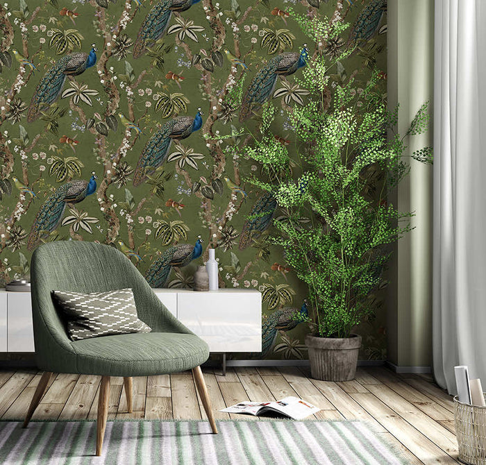 Cassia Exotic Peacock wallpaper in green on a feature wall