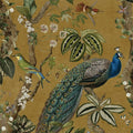 Ochre cassia peacock wallpaper with a peacock among blossoming branches and songbirds — flat pattern detail