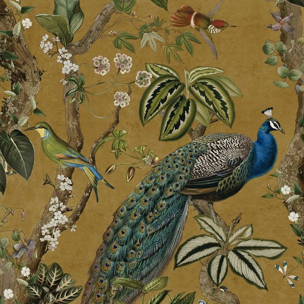 Ochre cassia peacock wallpaper with a peacock among blossoming branches and songbirds — flat pattern detail