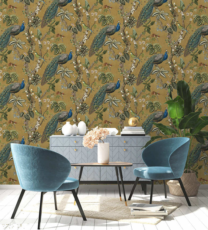 Cassia Exotic Peacock wallpaper in ochre on a feature wall