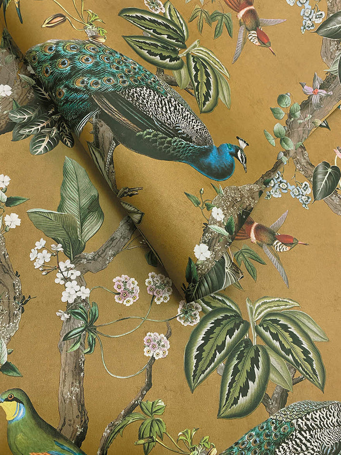 Roll of Cassia Exotic Peacock ochre wallpaper