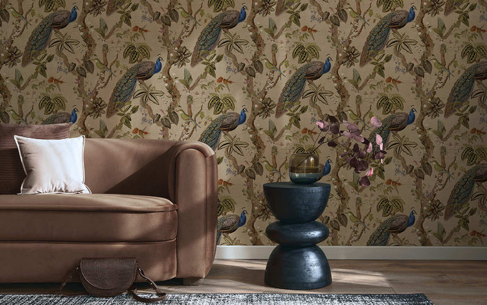 Cassia Exotic Peacock wallpaper in taupe on a feature wall