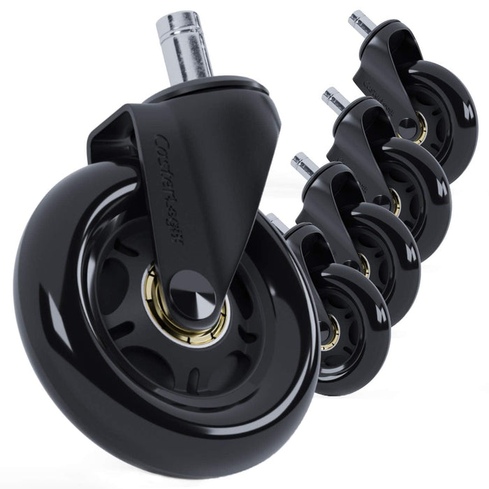 Set of five black office chair caster wheels with metal stems, Office Logix Shop