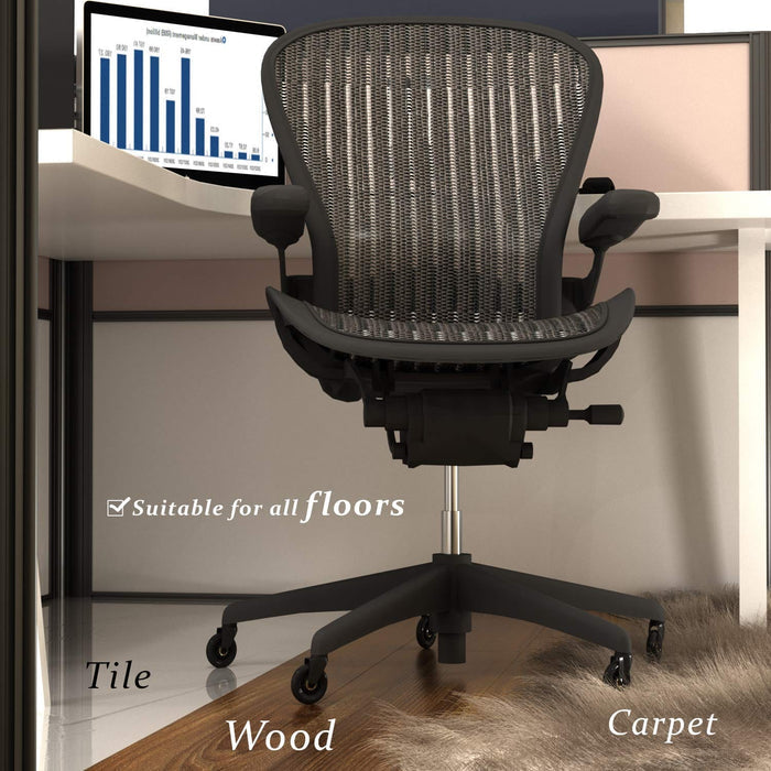 Office chair with caster wheels on wood, tile, and carpet floors in modern workspace