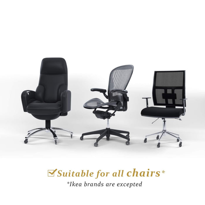 Three different ergonomic office chairs with caster wheels displayed on a white background.