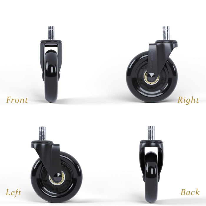 Black office chair caster wheels shown from front, back, left, and right angles on white background