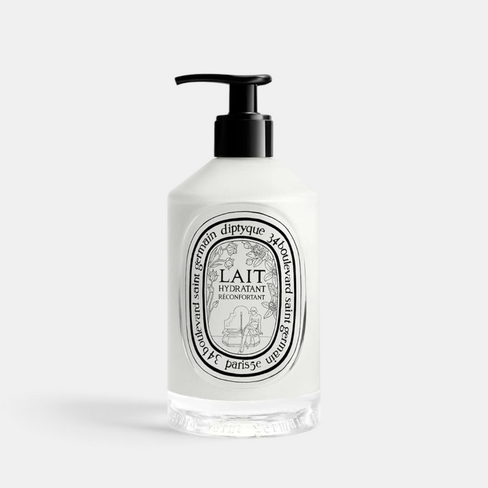 Shop Rescue Spa Comforting Hydrating Body Milk in a clear bottle with a black pump dispenser and elegant label.
