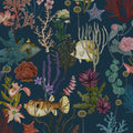 Navy cora fish & coral wallpaper with pufferfish, coral and sea florals — flat pattern detail
