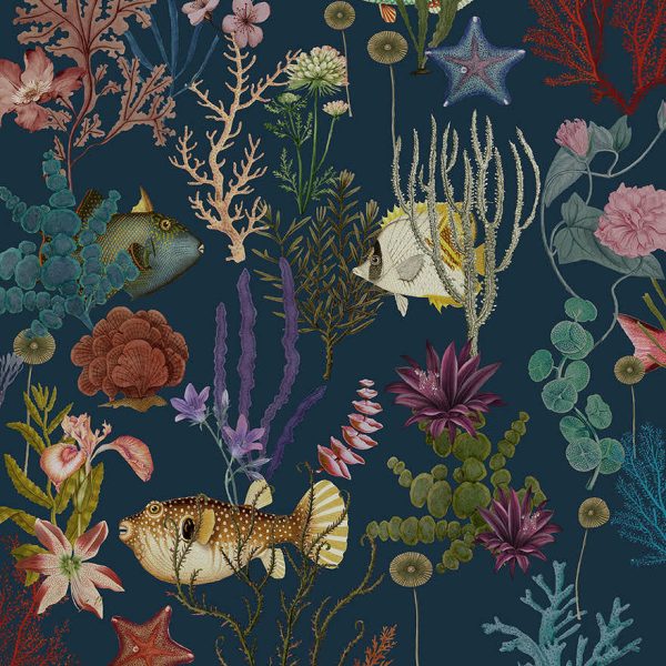 Navy cora fish & coral wallpaper with pufferfish, coral and sea florals — flat pattern detail