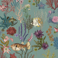 Soft Aqua cora fish & coral wallpaper with pufferfish, coral and sea florals — flat pattern detail