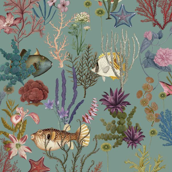 Soft Aqua cora fish & coral wallpaper with pufferfish, coral and sea florals — flat pattern detail