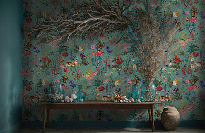 Cora Fish and Coral wallpaper in soft aqua on a feature wall