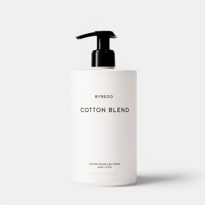 Shop Rescue Spa Byredo Cotton Blend hand lotion in a white 450ml pump bottle with minimalist black text.