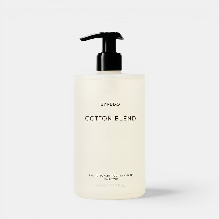 Shop Rescue Spa Byredo Cotton Blend hand wash in a minimalist frosted bottle with a black pump dispenser.