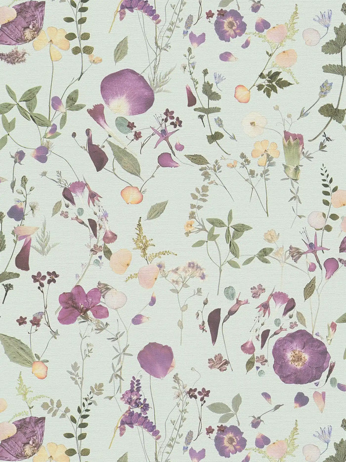 Country Floral Bouquet Wallpaper - Green/Violet/Yellow