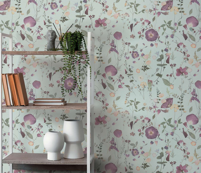 Country Floral Bouquet Wallpaper - Green/Violet/Yellow