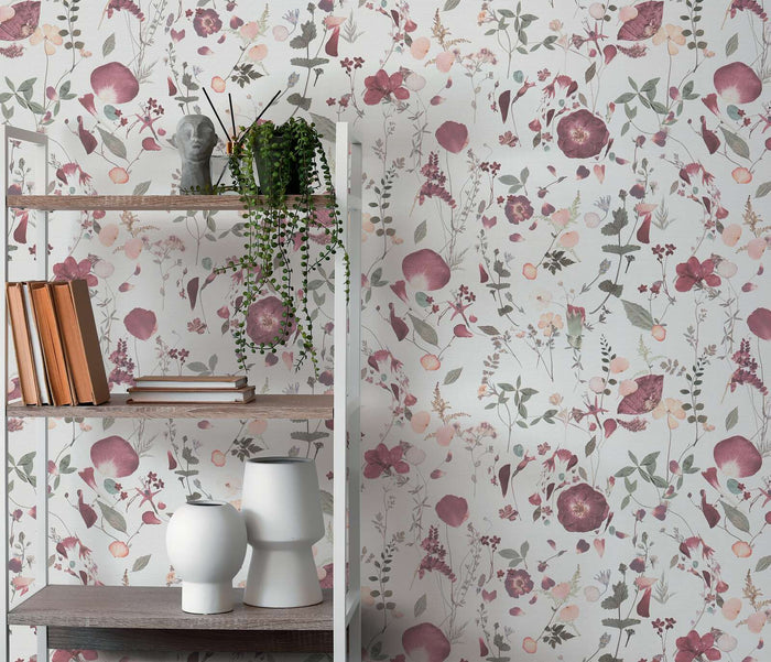 Country Floral Bouquet Wallpaper - White/Violet/Pink