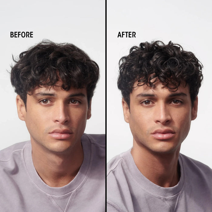 Shop Rescue Spa Creme for Style before and after comparison showing a man with defined, frizz-free curly hair.