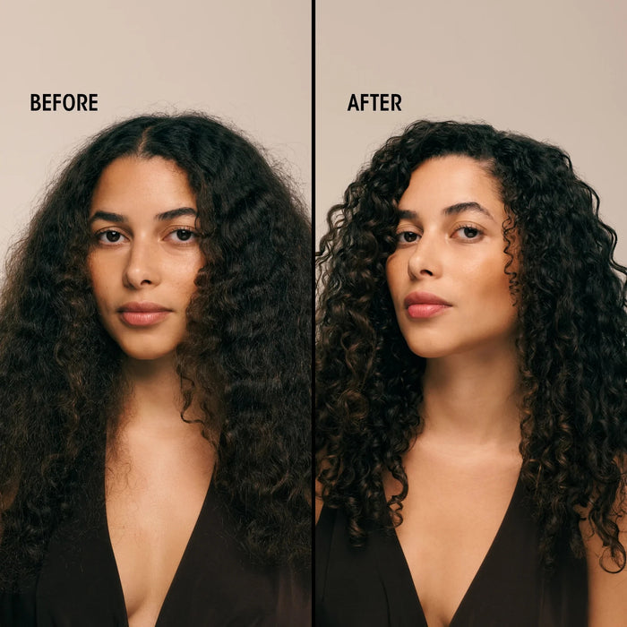 Shop Rescue Spa Creme for Style before and after comparison showing defined, frizz-free curly hair on a woman.
