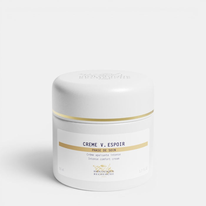 Shop Rescue Spa Creme V. Espoir anti-redness face cream in a white 50ml jar for soothing reactive and sensitive skin.