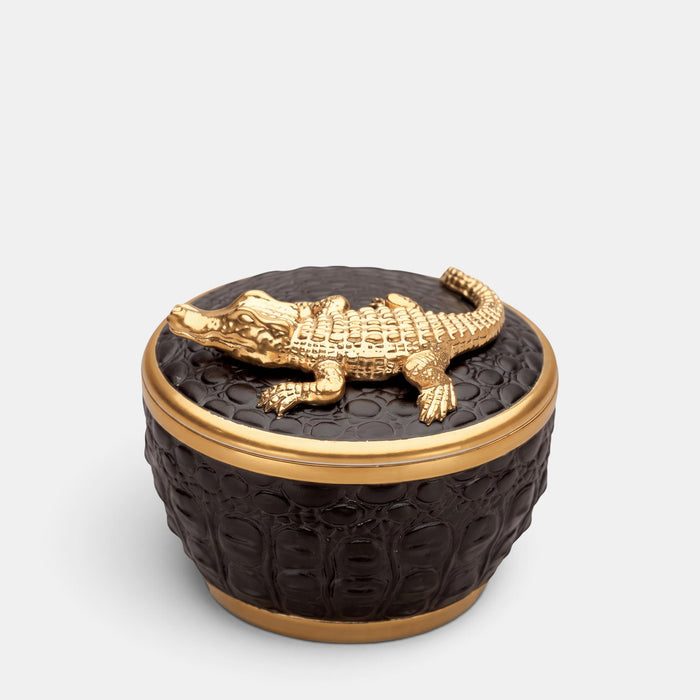 L'Objet porcelain candle vessel with a textured black crocodile finish and 24K gold crocodile lid.