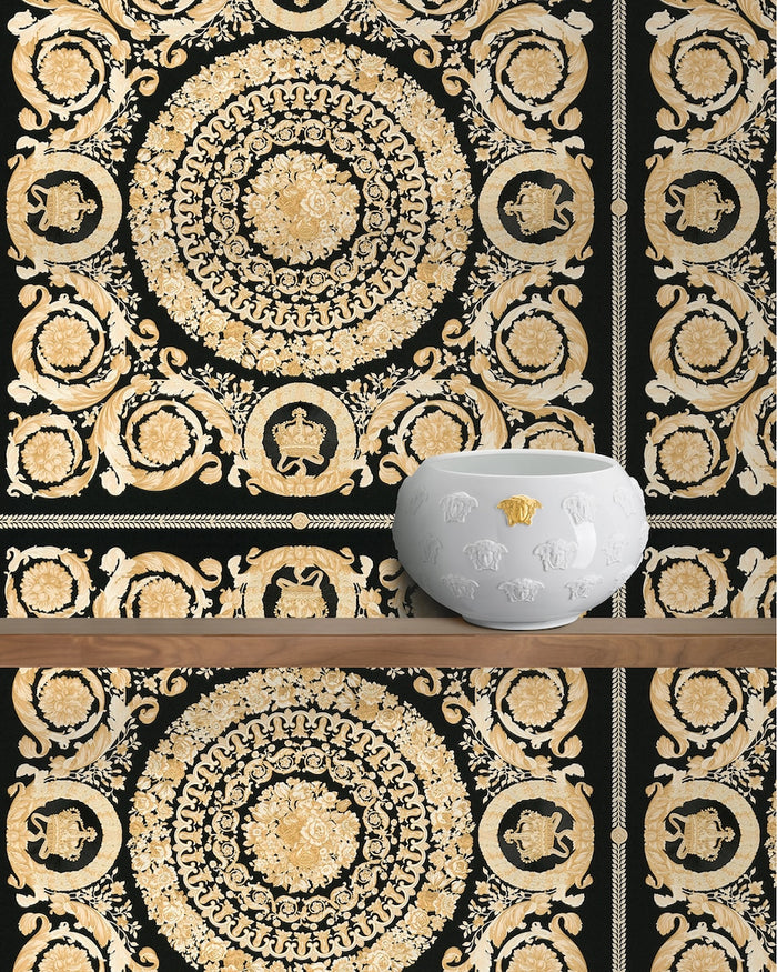 Versace Crown Moulding Wallpaper - Black/Gold/Creme