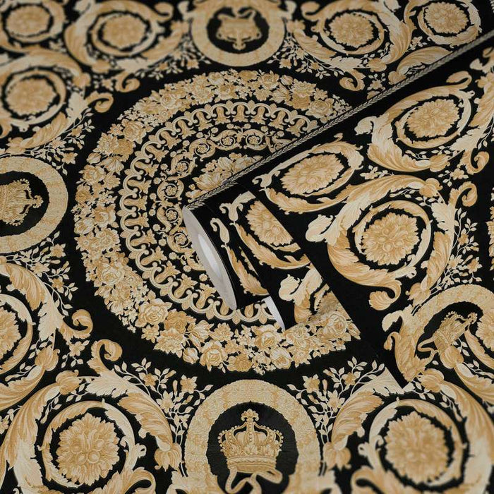 Versace Crown Moulding Wallpaper - Black/Gold/Creme