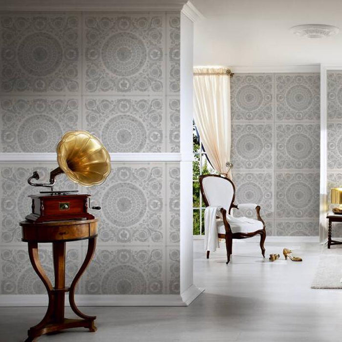 Versace Crown Moulding Wallpaper - Silver/Grey