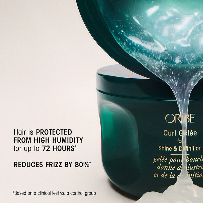 Shop Rescue Spa Curl Gelee for Shine & Definition, a clear gel with air bubbles, pouring from a dark green jar.